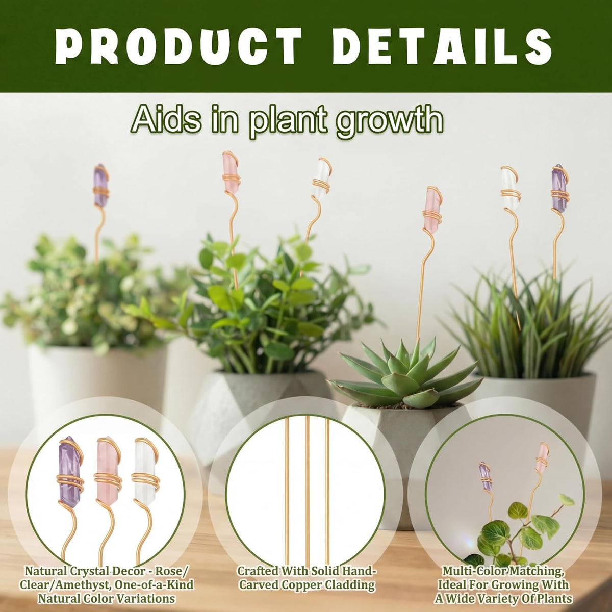 6 Pcs Metal Plant Stakes Natural Crystal Suncatcher, 9.84"