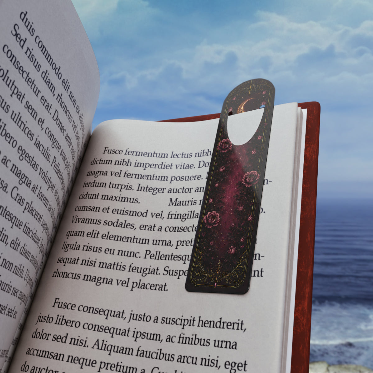 Moon & Roses Metal Bookmark — Celestial Gothic Reading Marker