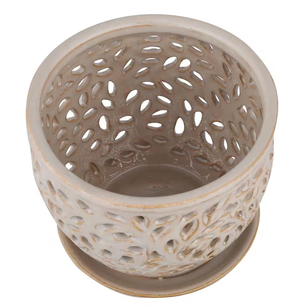 5.5 In. Dallas Small Gray Lacey Orchid Ceramic Planter (5.5 In. D X 5 In. H) with Drainage Hole and Attached Saucer