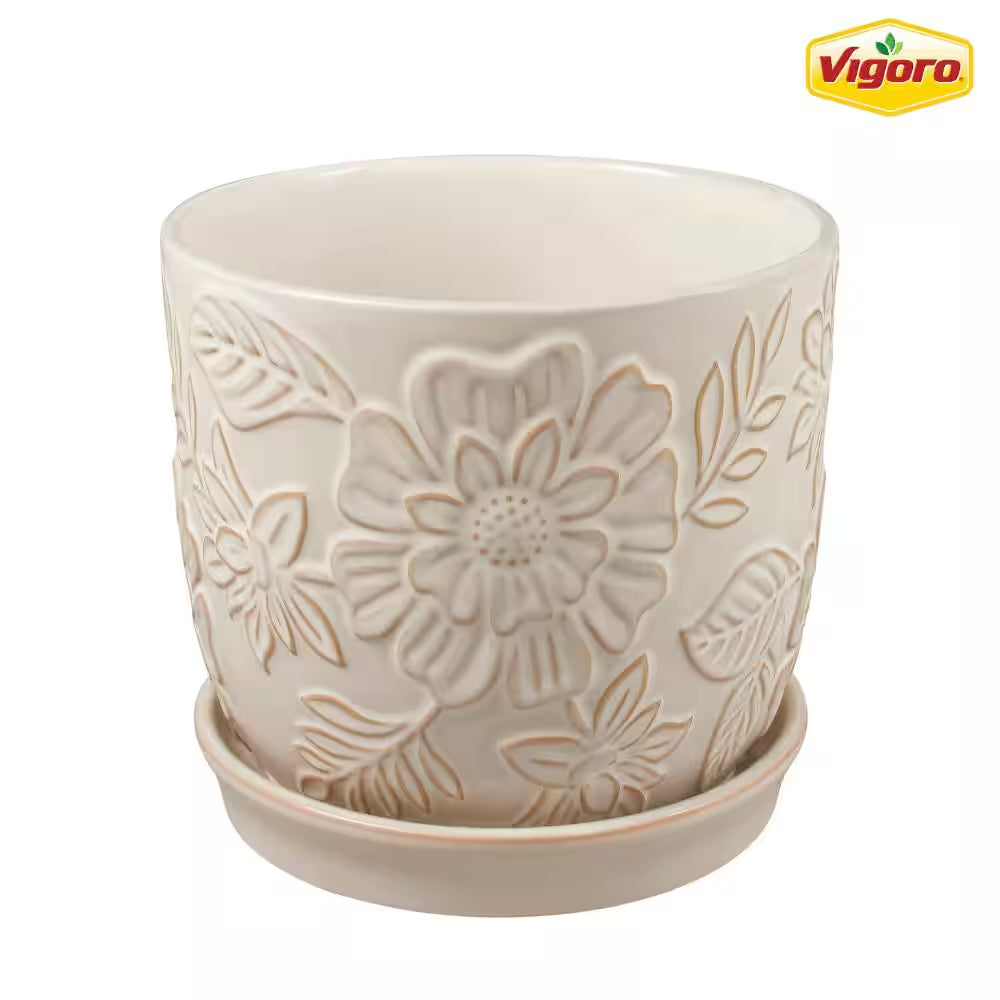 Lorelai Small White Floral Ceramic Planter with Drainage Hole and Attached Saucer (7.2 In. L X 7.2 In. W X 6.3 In. H)