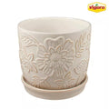 Lorelai Small White Floral Ceramic Planter with Drainage Hole and Attached Saucer (7.2 In. L X 7.2 In. W X 6.3 In. H)