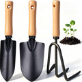 3 Piece Garden Tools Gift Minimalism Gardening Tool Set with Wood Handle, Succulent Plant Transplant Trowel, 3 Pieces Include 1 Narrow Trowel,1 Wide Trowel and 1 Garden Rake