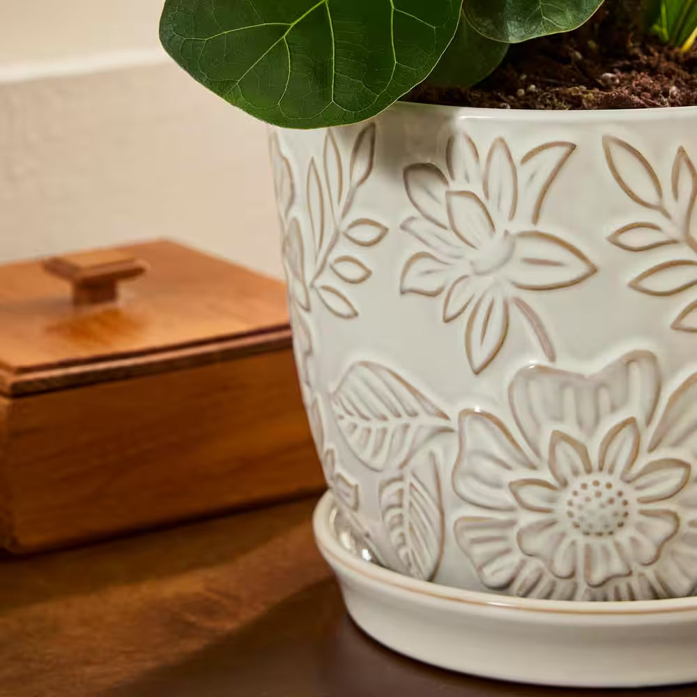 Lorelai Small White Floral Ceramic Planter with Drainage Hole and Attached Saucer (7.2 In. L X 7.2 In. W X 6.3 In. H)