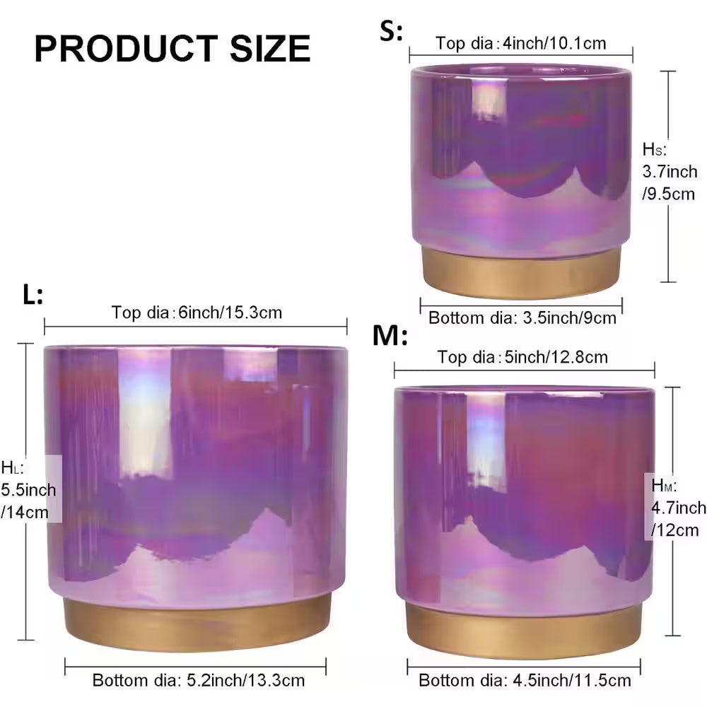 3-Pack Indoor Ceramic Planter with Drainage Hole, Succulent Orchid Flower Pot, Rainbow Pearl Glaze, Purple