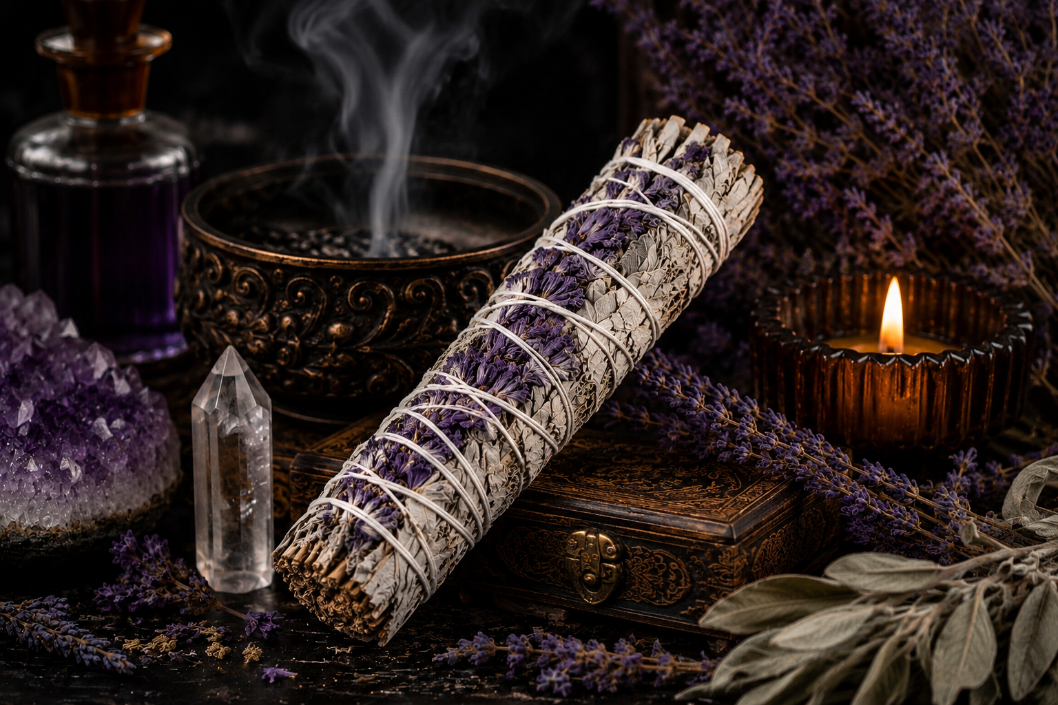 White Sage & Purple Sinuata Smudge Stick - 4”