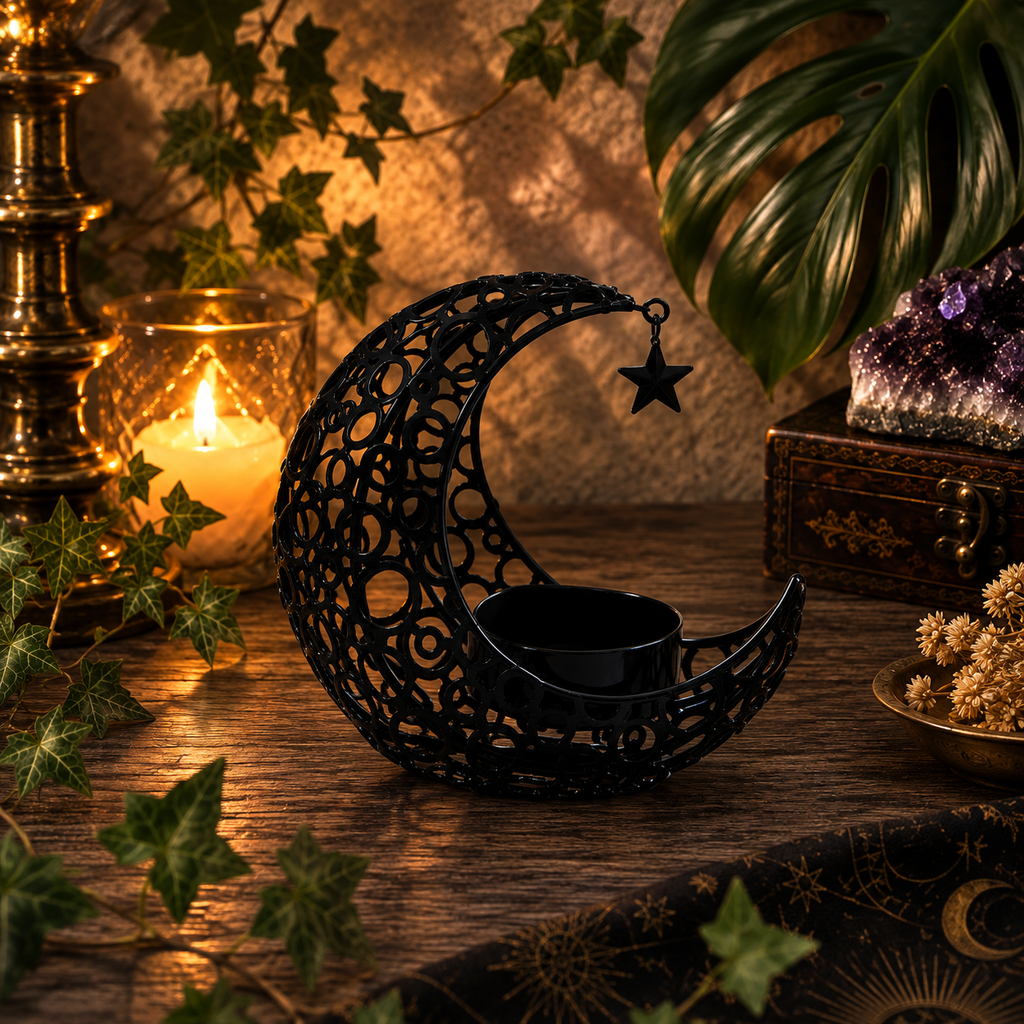 Celestial Crescent & Hanging Star Tealight Candle Holder