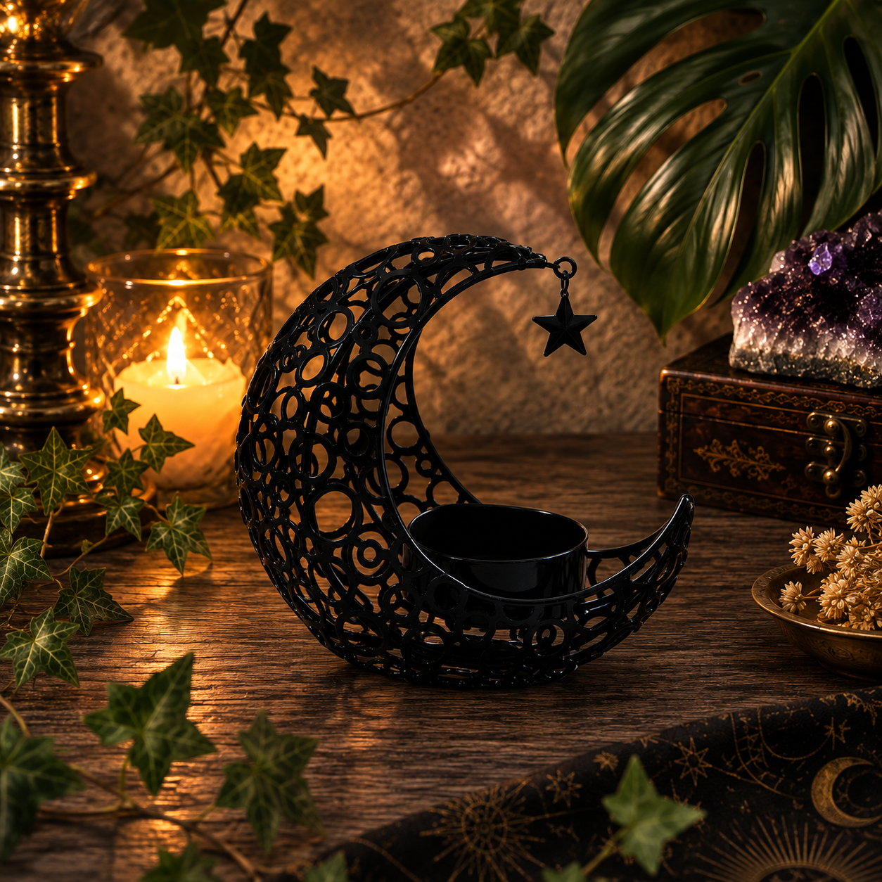 Celestial Crescent & Hanging Star Tealight Candle Holder