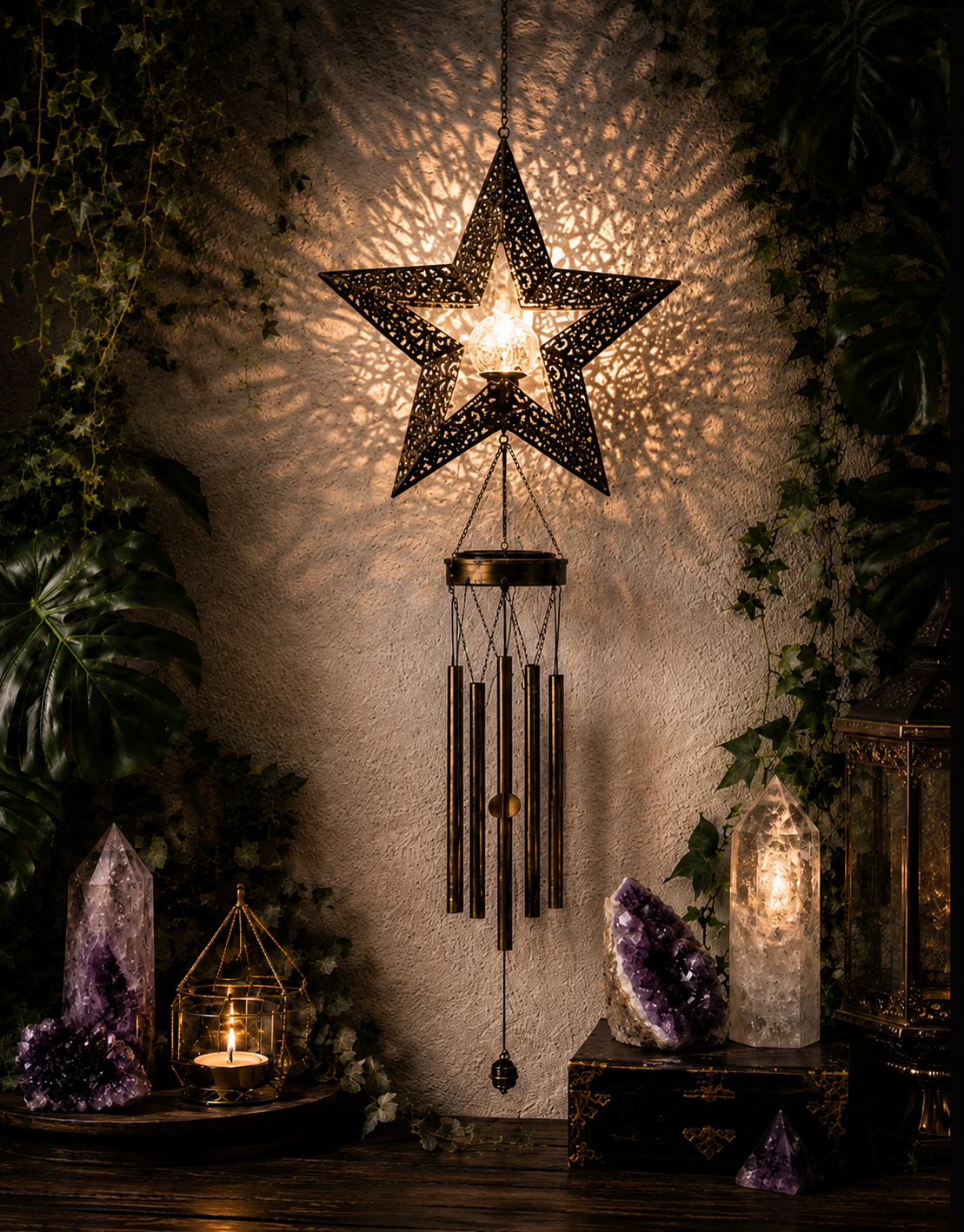 Celestial Solar Wind Chime – Filigree Sun, Moon & Star Outdoor Hanging Lantern
