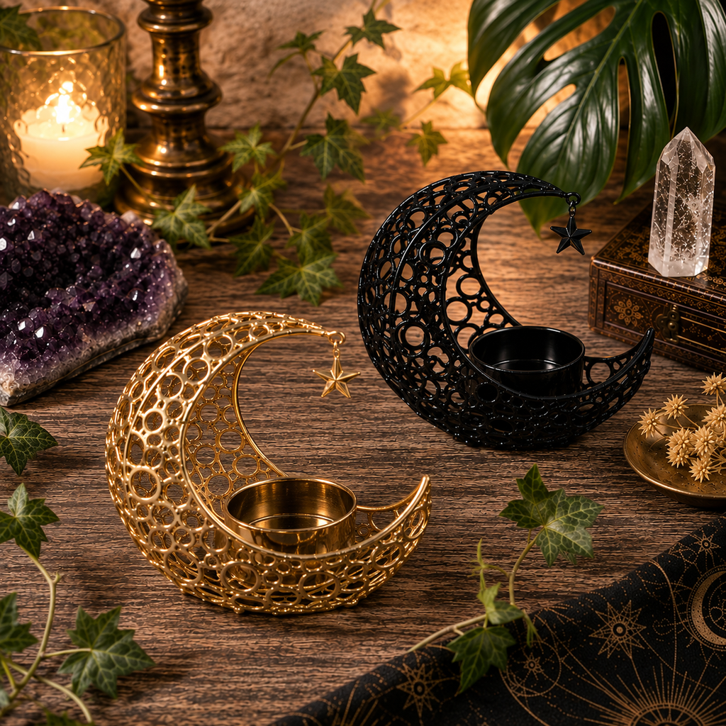 Celestial Crescent & Hanging Star Tealight Candle Holder