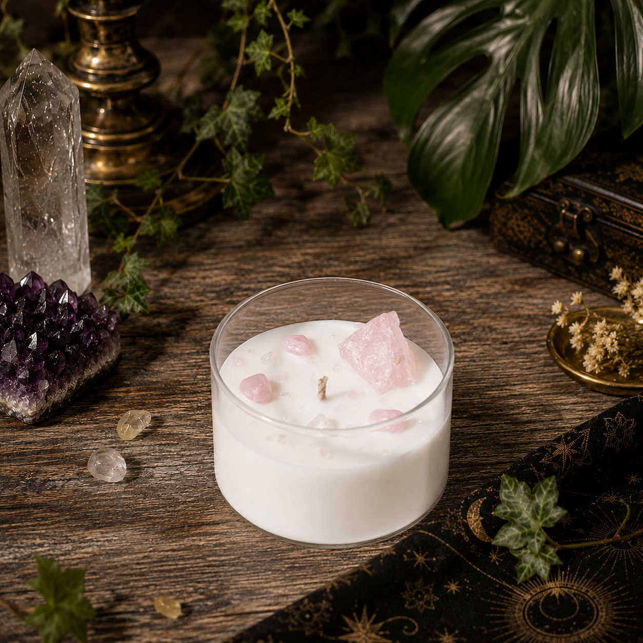Cosmic Gemstone Aromatherapy Candle – Hand-Poured Soy Wax with Raw Crystals