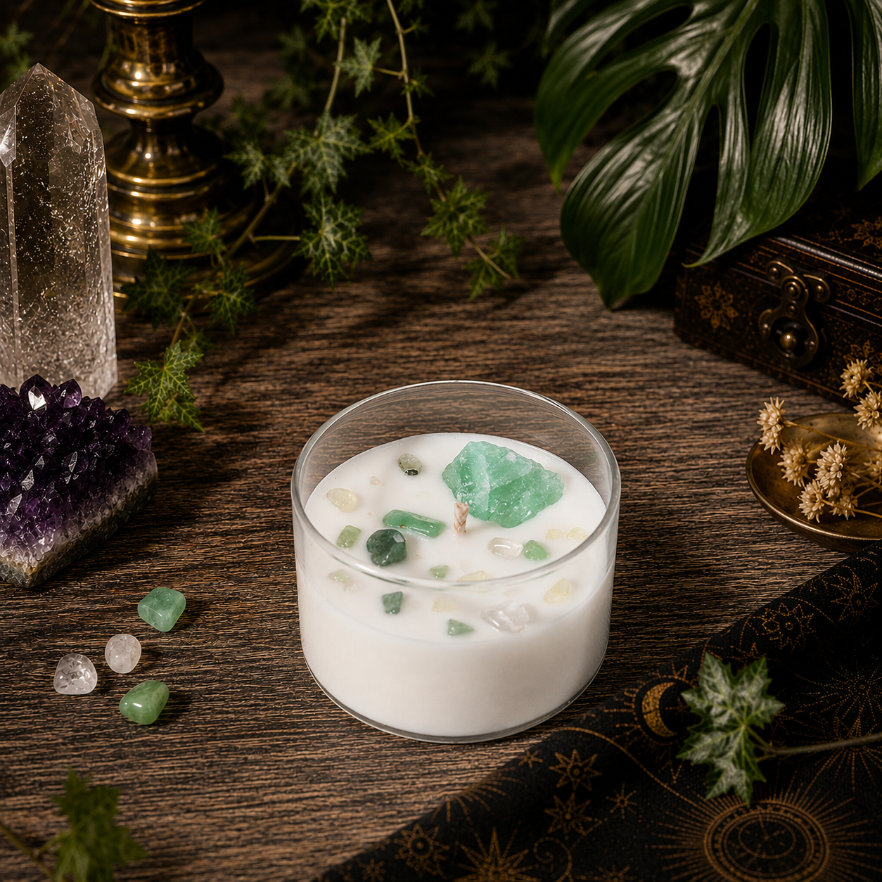 Cosmic Gemstone Aromatherapy Candle – Hand-Poured Soy Wax with Raw Crystals