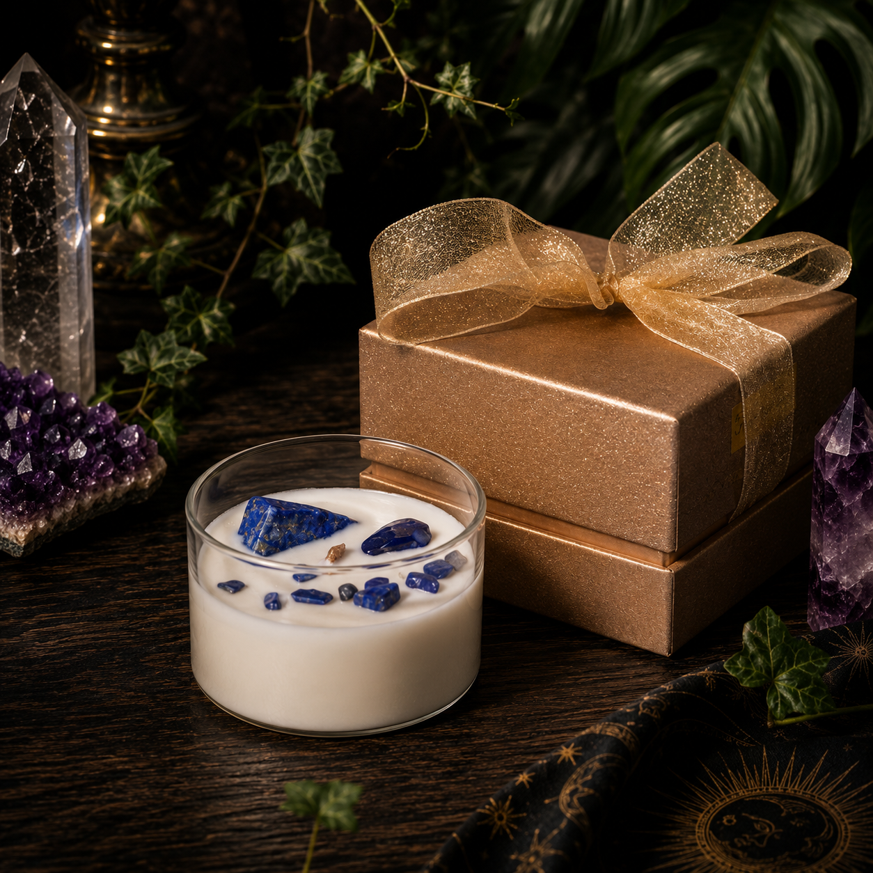 Cosmic Gemstone Aromatherapy Candle – Hand-Poured Soy Wax with Raw Crystals