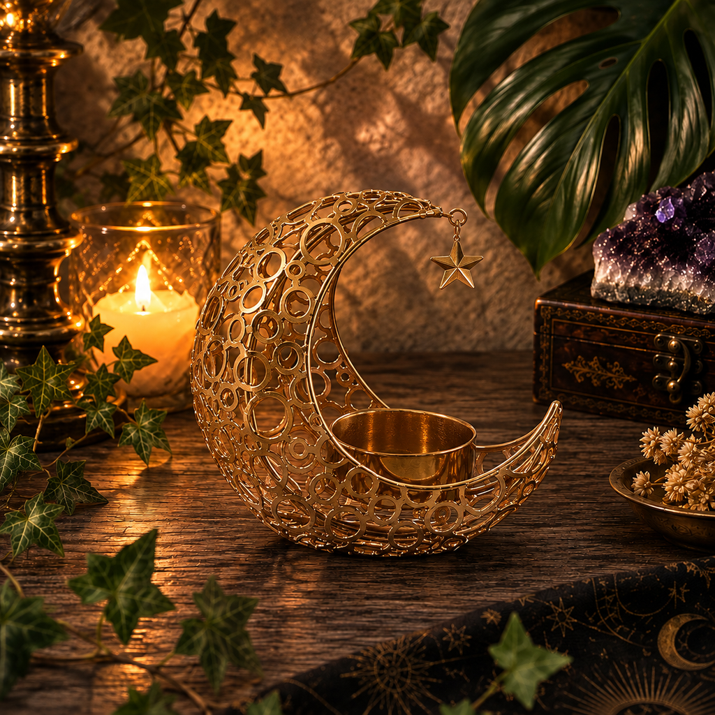 Celestial Crescent & Hanging Star Tealight Candle Holder