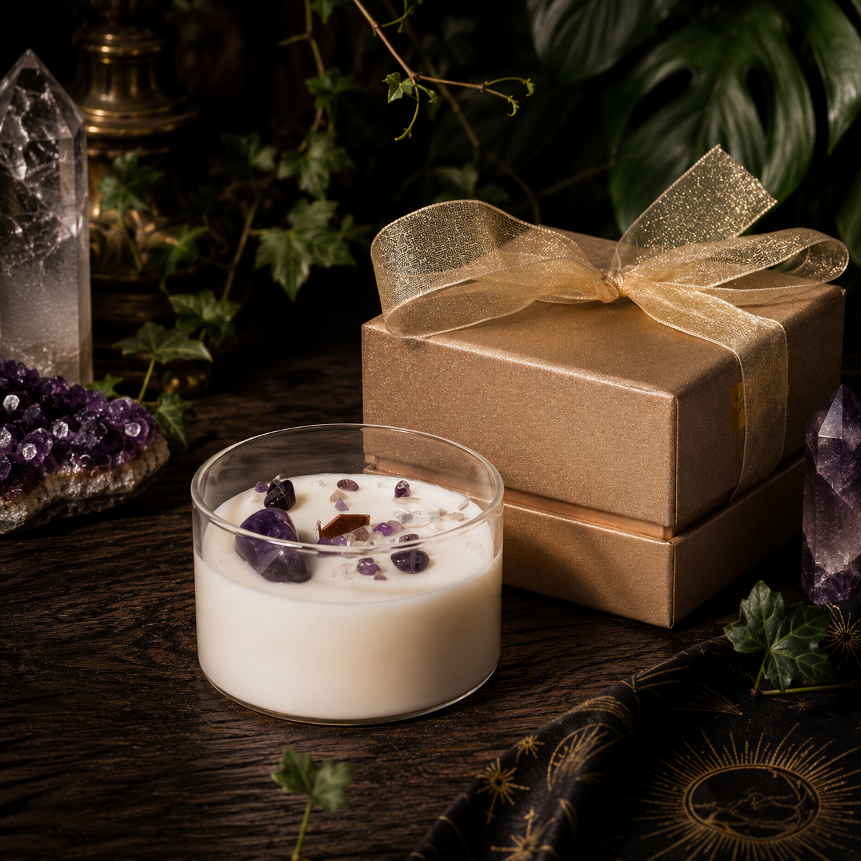 Cosmic Gemstone Aromatherapy Candle – Hand-Poured Soy Wax with Raw Crystals