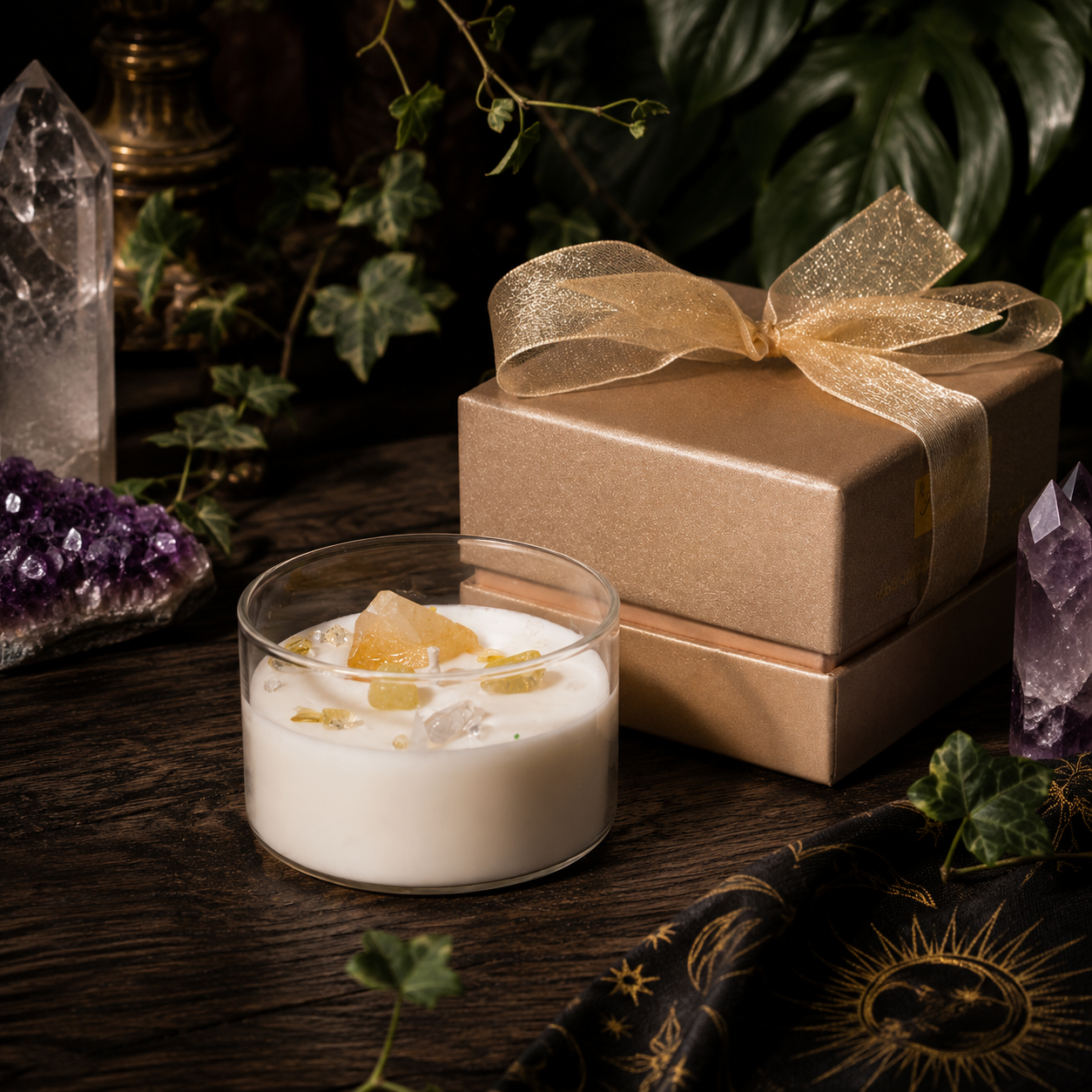 Cosmic Gemstone Aromatherapy Candle – Hand-Poured Soy Wax with Raw Crystals