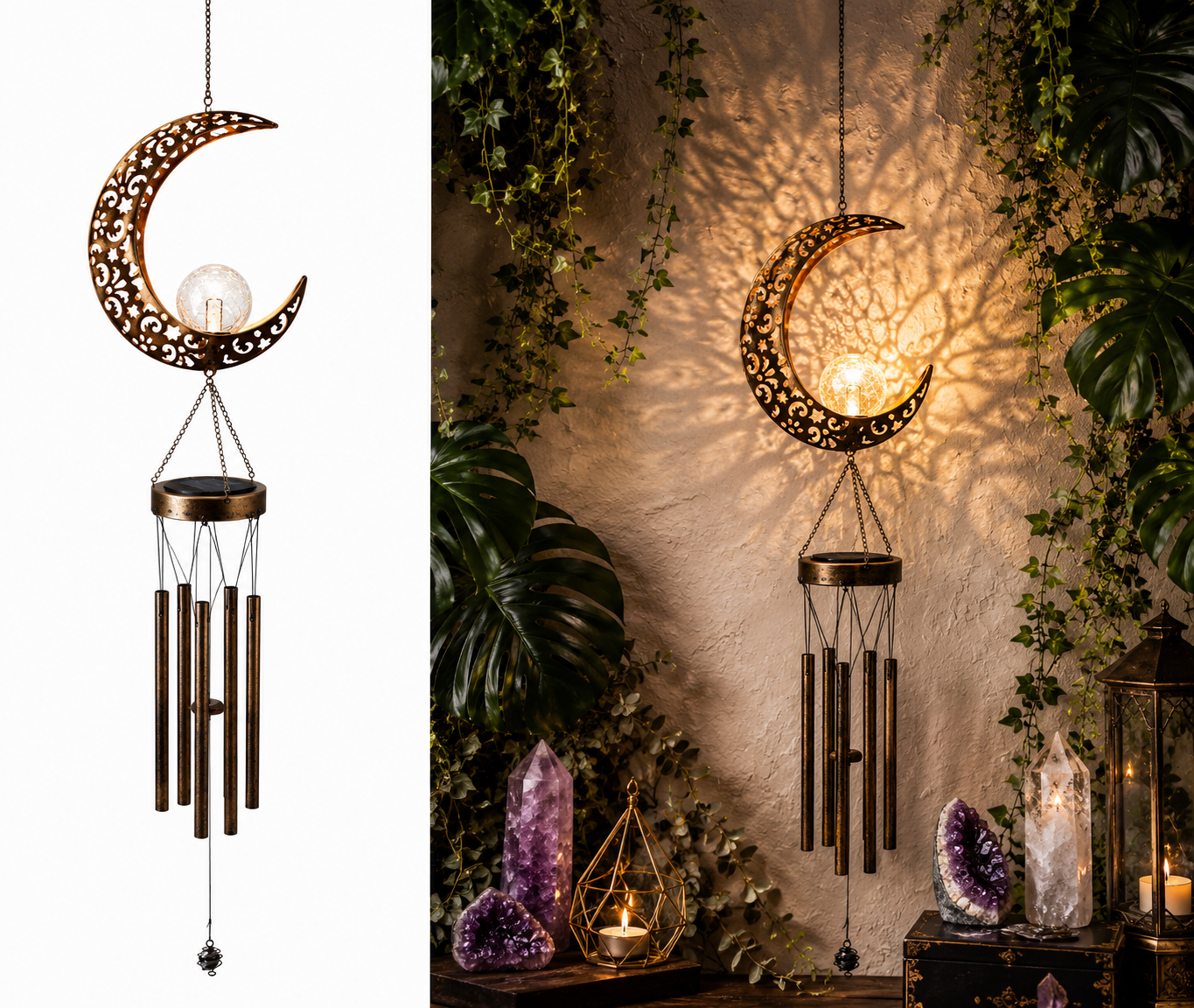 Celestial Solar Wind Chime – Filigree Sun, Moon & Star Outdoor Hanging Lantern
