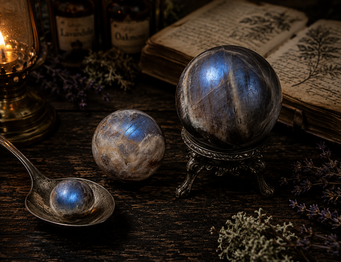Natural Blue Moonstone Crystal Sphere - High Flash Polished Stone