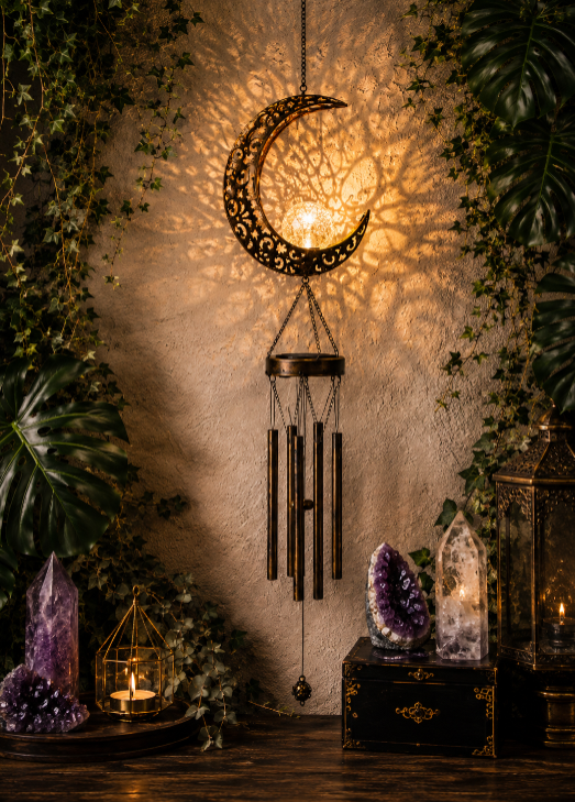 Celestial Solar Wind Chime – Filigree Sun, Moon & Star Outdoor Hanging Lantern