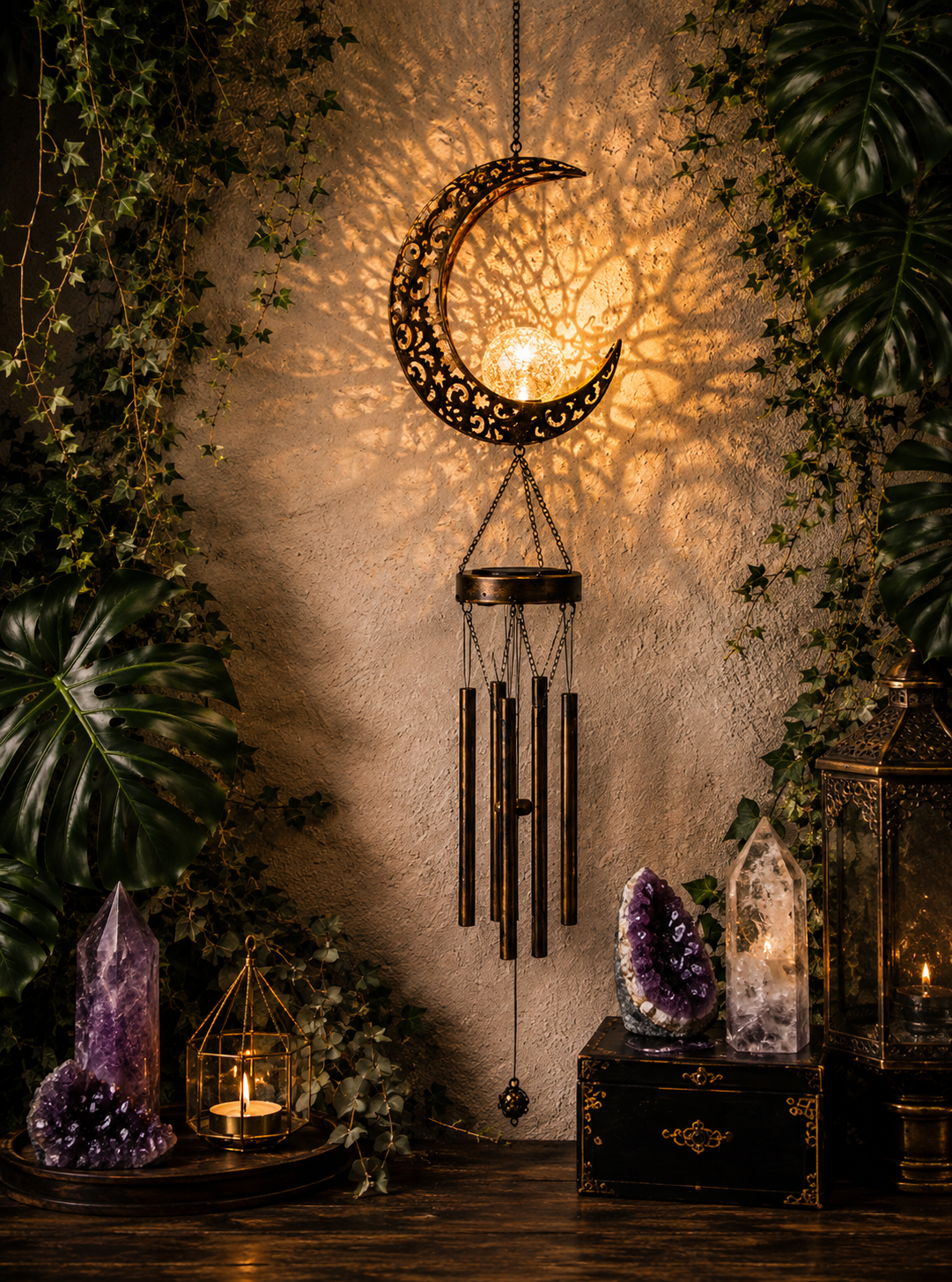 Celestial Solar Wind Chime – Filigree Sun, Moon & Star Outdoor Hanging Lantern