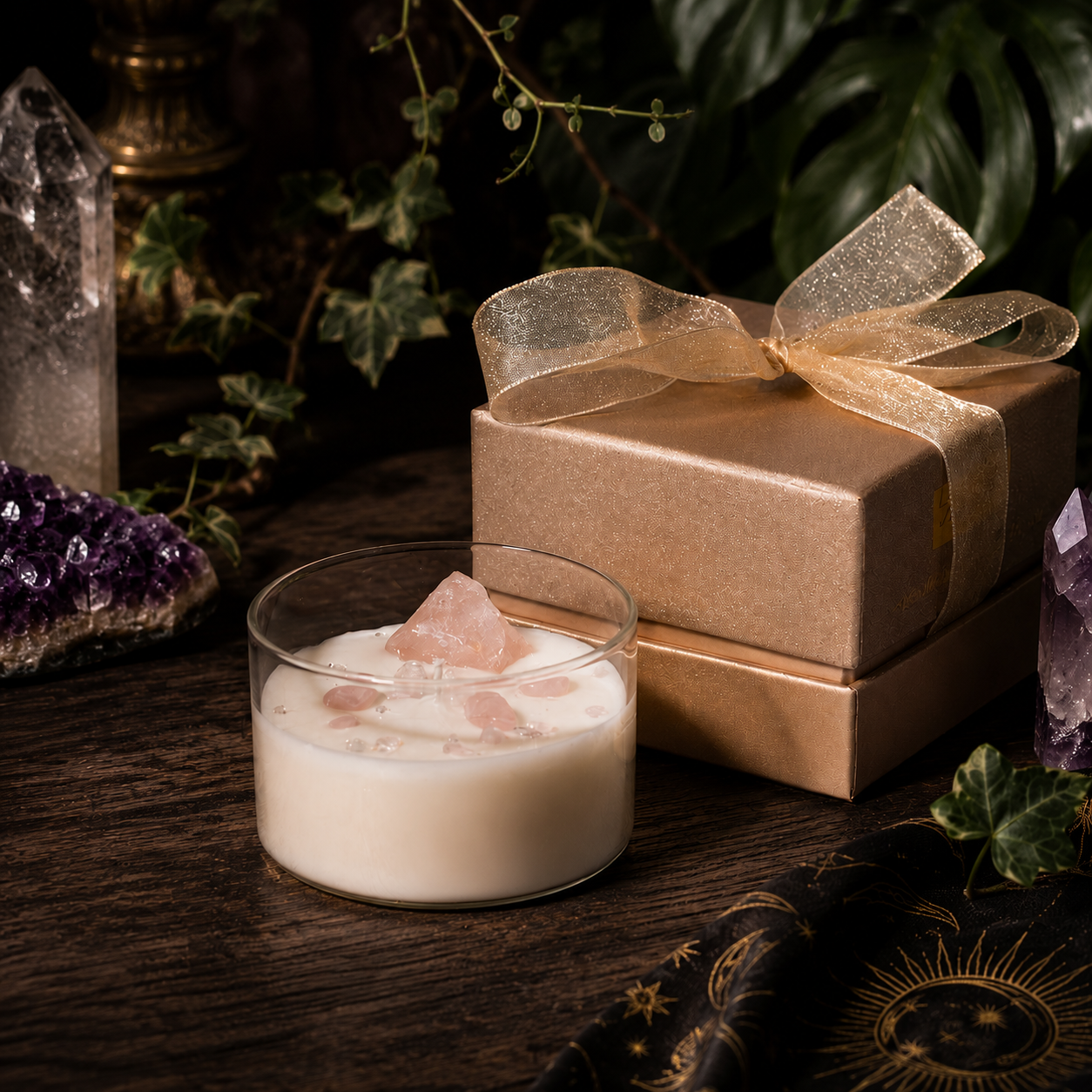 Cosmic Gemstone Aromatherapy Candle – Hand-Poured Soy Wax with Raw Crystals