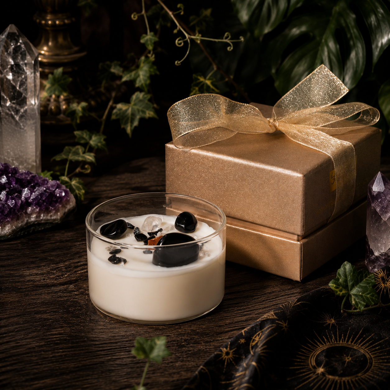 Cosmic Gemstone Aromatherapy Candle – Hand-Poured Soy Wax with Raw Crystals