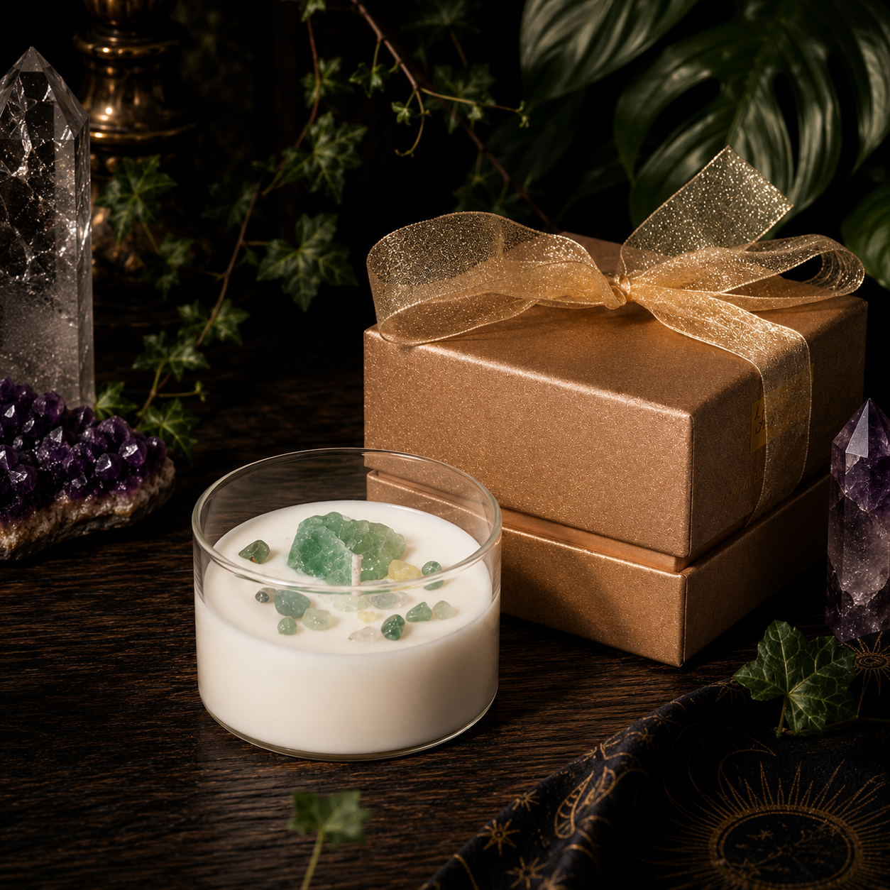 Cosmic Gemstone Aromatherapy Candle – Hand-Poured Soy Wax with Raw Crystals