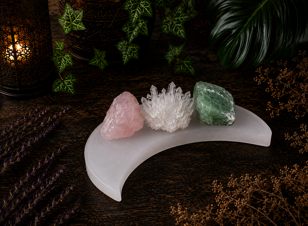Sacred Selenite Crescent Moon Plate – Cleansing & Energetic Amplification Tray