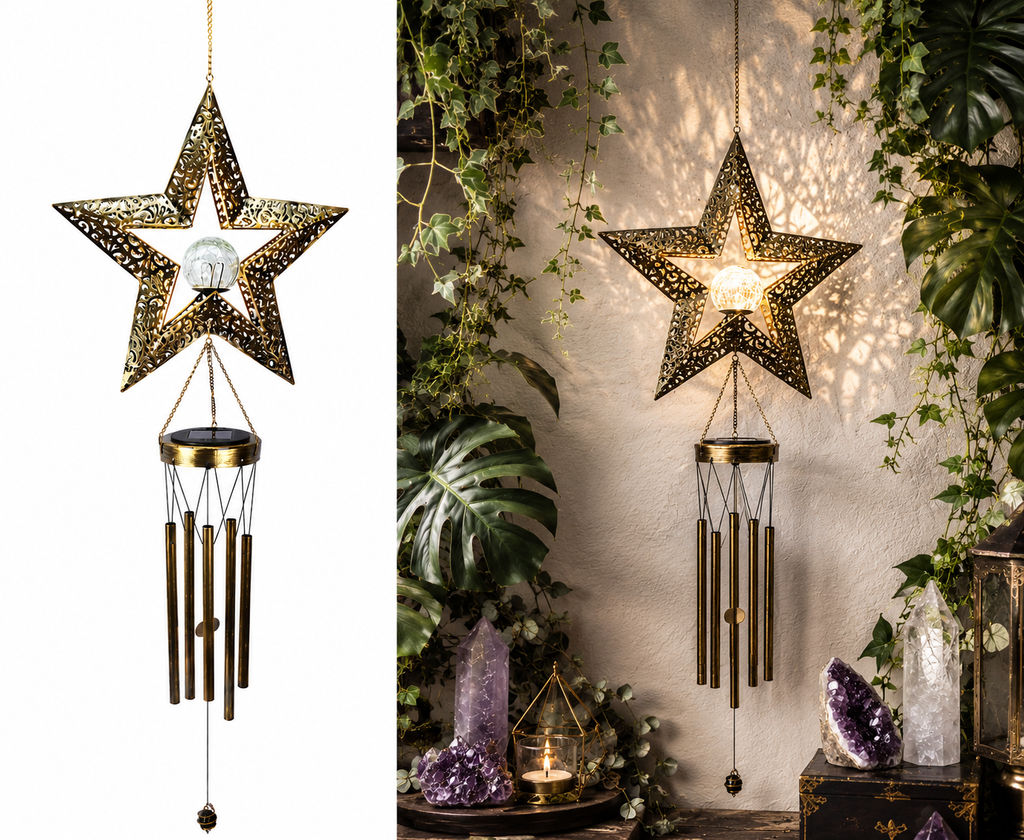 Celestial Solar Wind Chime – Filigree Sun, Moon & Star Outdoor Hanging Lantern