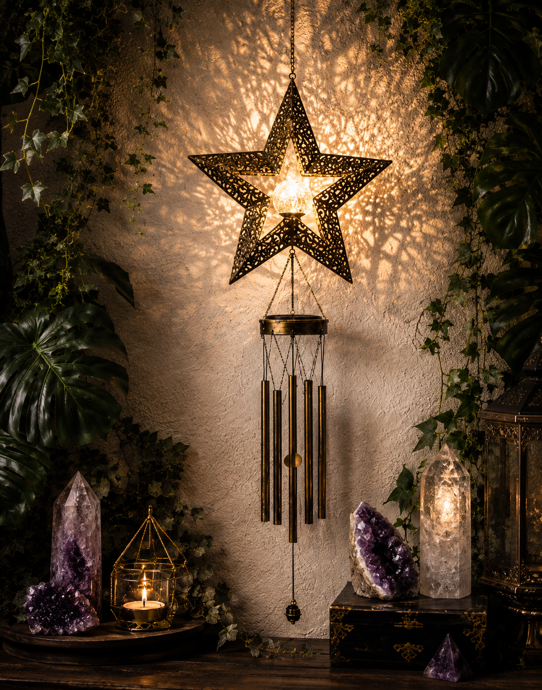 Celestial Solar Wind Chime – Filigree Sun, Moon & Star Outdoor Hanging Lantern