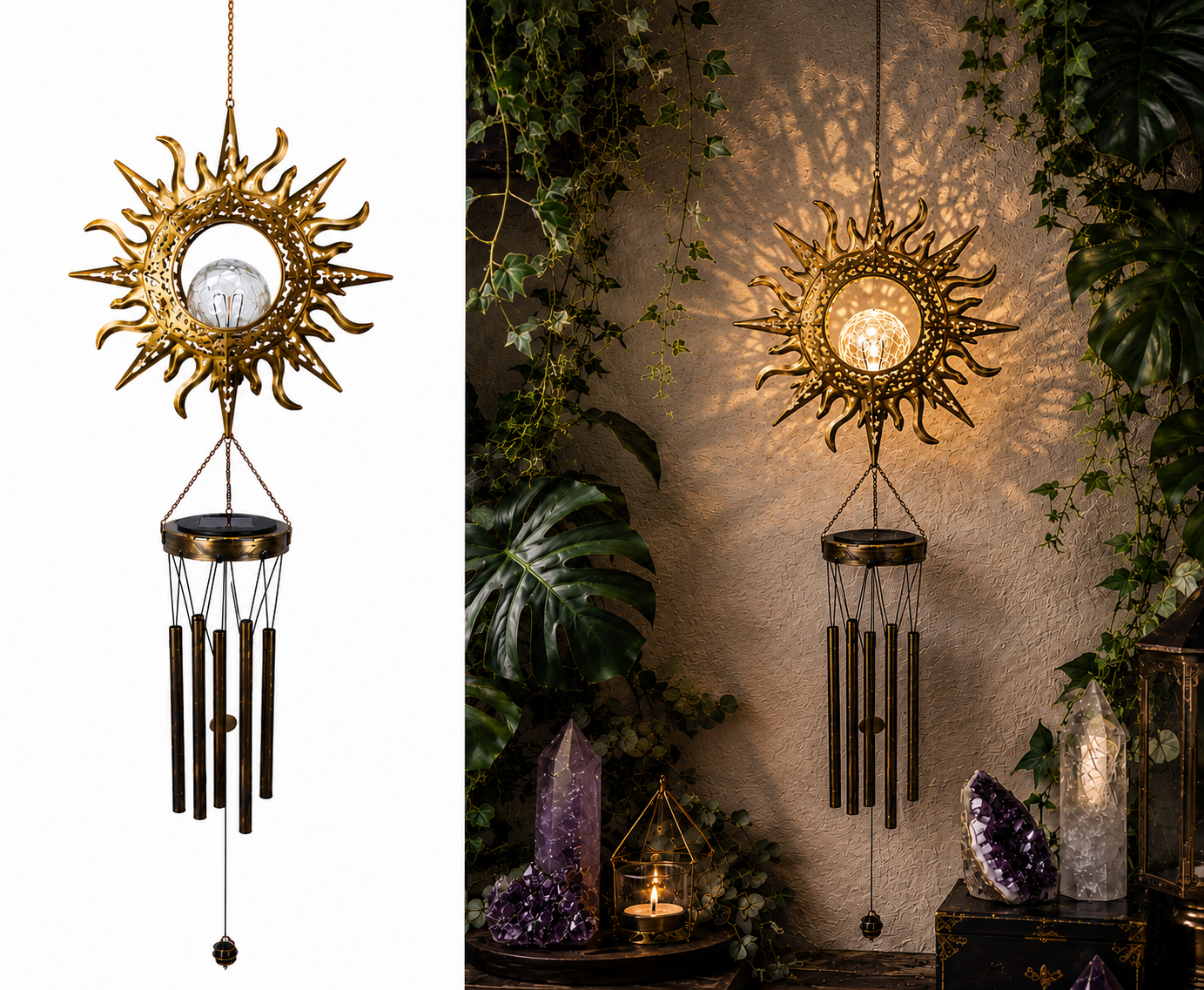 Celestial Solar Wind Chime – Filigree Sun, Moon & Star Outdoor Hanging Lantern
