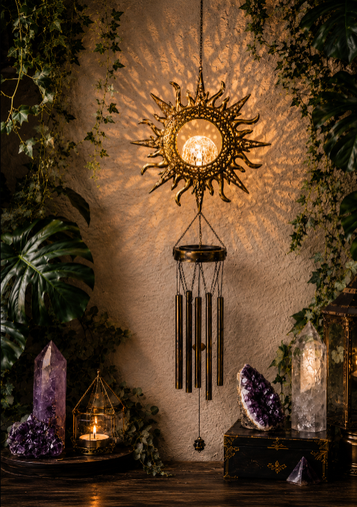 Celestial Solar Wind Chime – Filigree Sun, Moon & Star Outdoor Hanging Lantern