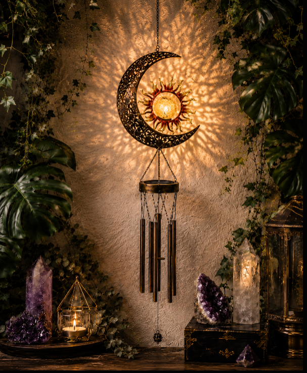 Celestial Solar Wind Chime – Filigree Sun, Moon & Star Outdoor Hanging Lantern