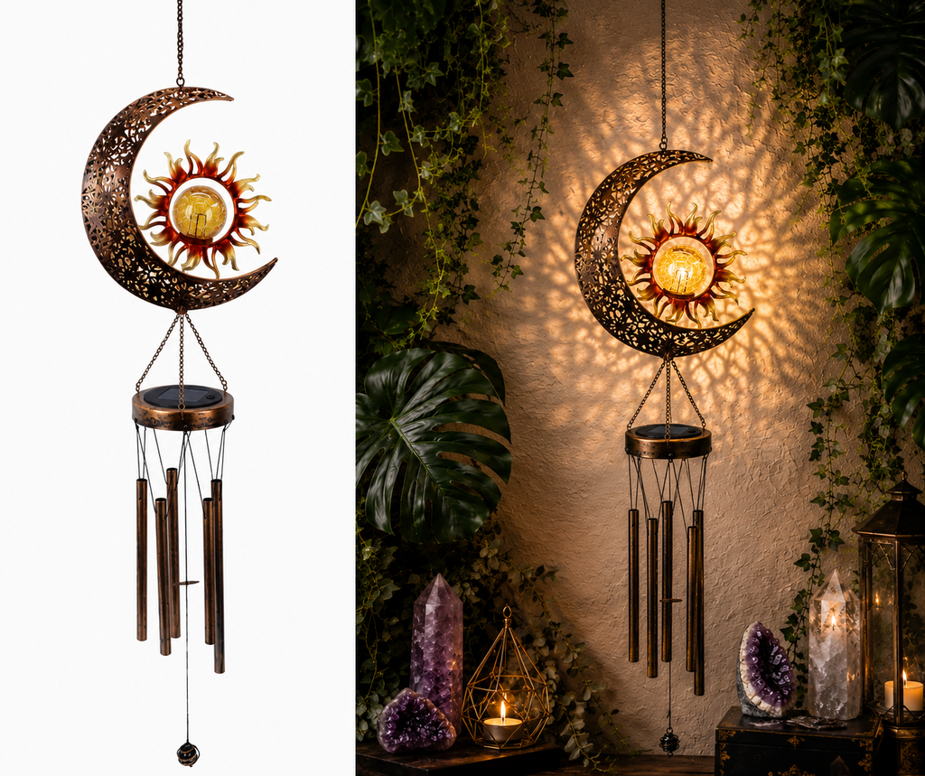 Celestial Solar Wind Chime – Filigree Sun, Moon & Star Outdoor Hanging Lantern
