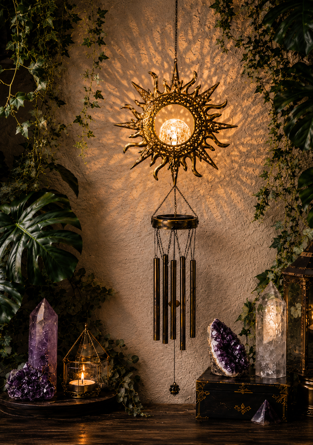 Celestial Solar Wind Chime – Filigree Sun, Moon & Star Outdoor Hanging Lantern
