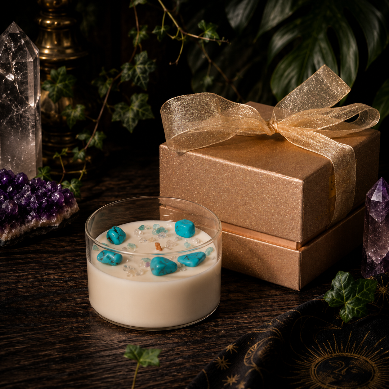 Cosmic Gemstone Aromatherapy Candle – Hand-Poured Soy Wax with Raw Crystals
