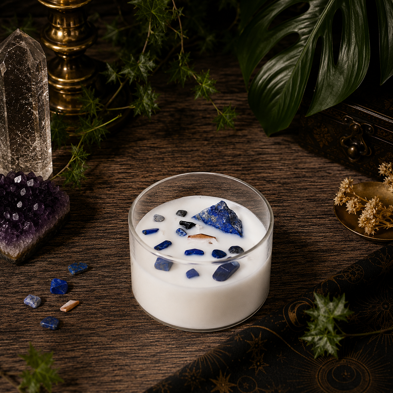 Cosmic Gemstone Aromatherapy Candle – Hand-Poured Soy Wax with Raw Crystals
