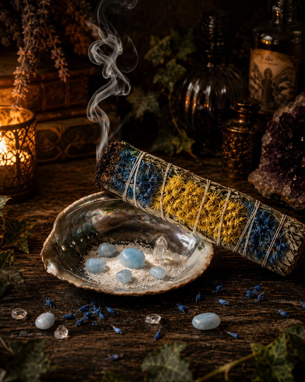 White Sage, Yerba Santa & Blue Statice Smudge Stick- 4"
