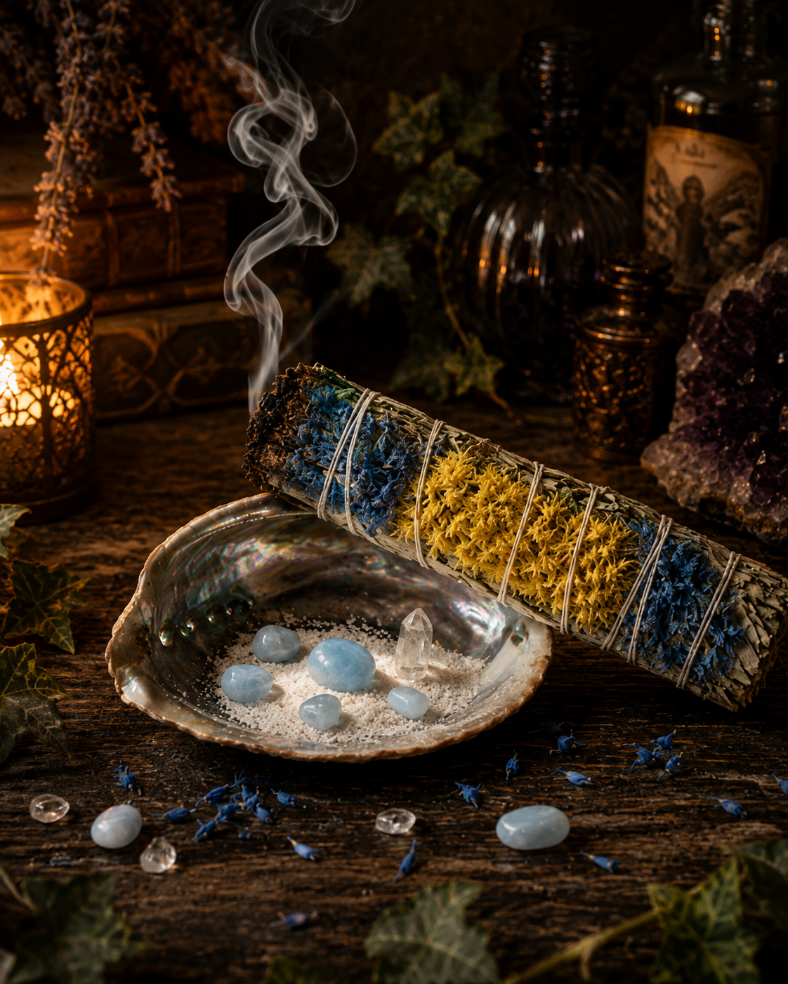 White Sage, Yerba Santa & Blue Statice Smudge Stick- 4"