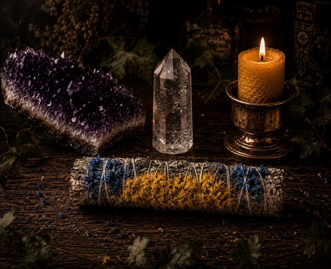 White Sage, Yerba Santa & Blue Statice Smudge Stick- 4"