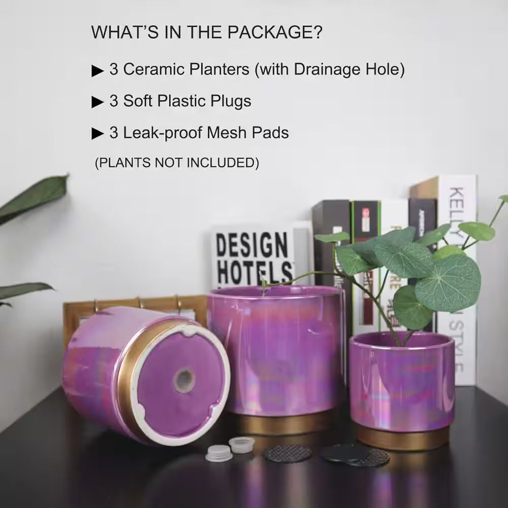 3-Pack Indoor Ceramic Planter with Drainage Hole, Succulent Orchid Flower Pot, Rainbow Pearl Glaze, Purple
