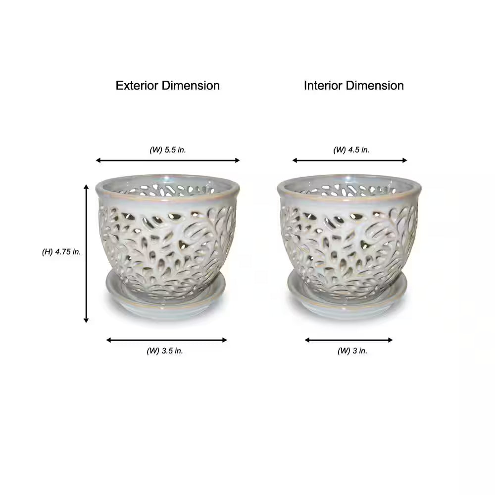 5.5 In. Dallas Small Gray Lacey Orchid Ceramic Planter (5.5 In. D X 5 In. H) with Drainage Hole and Attached Saucer