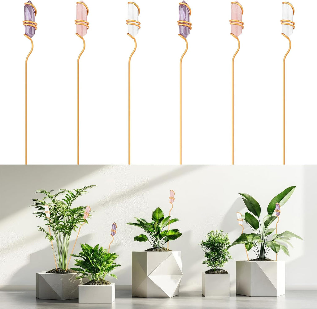 6 Pcs Metal Plant Stakes Natural Crystal Suncatcher, 9.84"