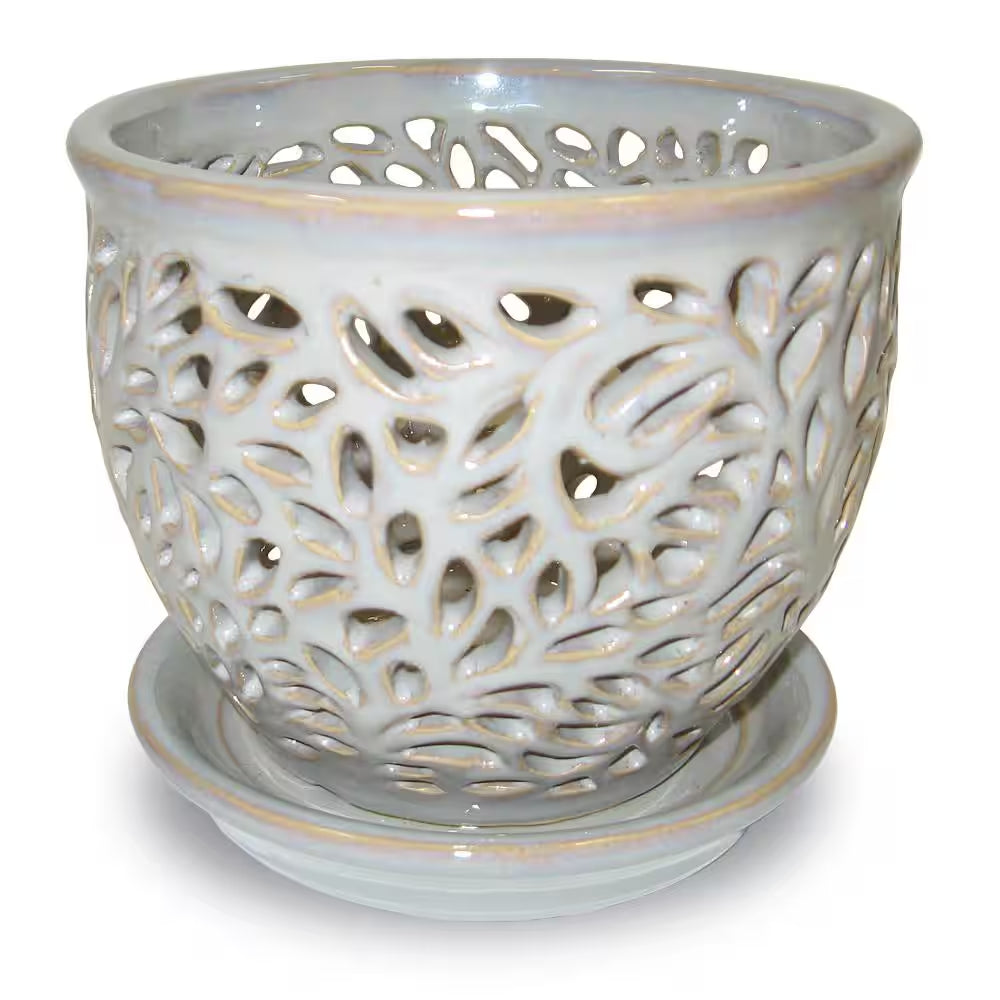 5.5 In. Dallas Small Gray Lacey Orchid Ceramic Planter (5.5 In. D X 5 In. H) with Drainage Hole and Attached Saucer