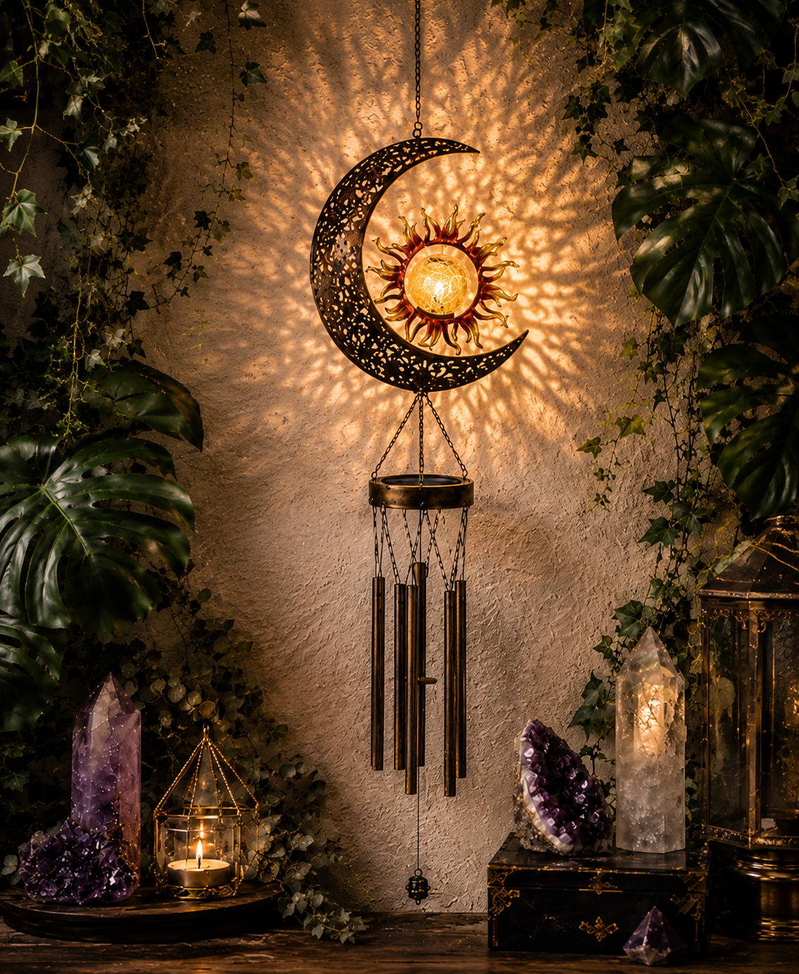 Celestial Solar Wind Chime – Filigree Sun, Moon & Star Outdoor Hanging Lantern